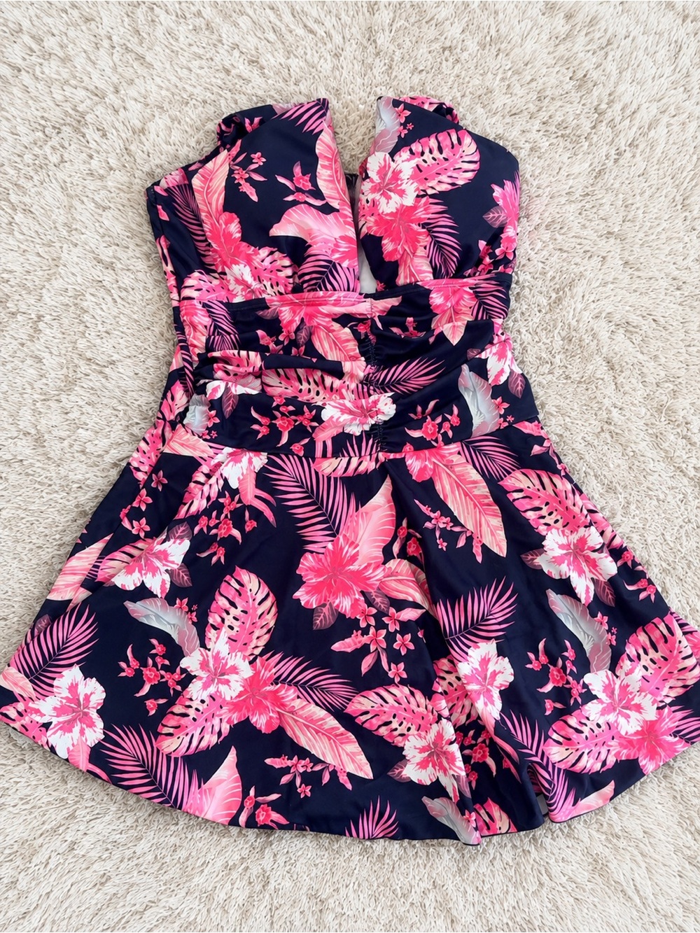 Strapless Floral One-Piece Swimsuit with Skirt in Navy and Pink